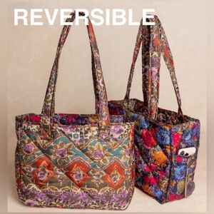 #AB024 - Natural Life Reversible Puffy Tote Medium Brown Tuscany Border Floral